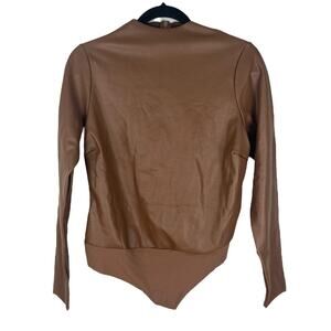 NEW SKIMS Faux Leather Mock Neck Bodysuit Size 2X Long Sleeve Jasper Brown Thong